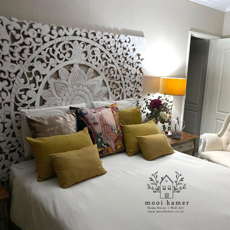 Hand Carved Wooden Headboard | White